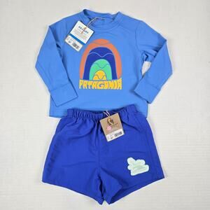 Patagonia Sz 12/18m Baby Capilene Shirt Rainbow Wave & Blue Baggies Short Set